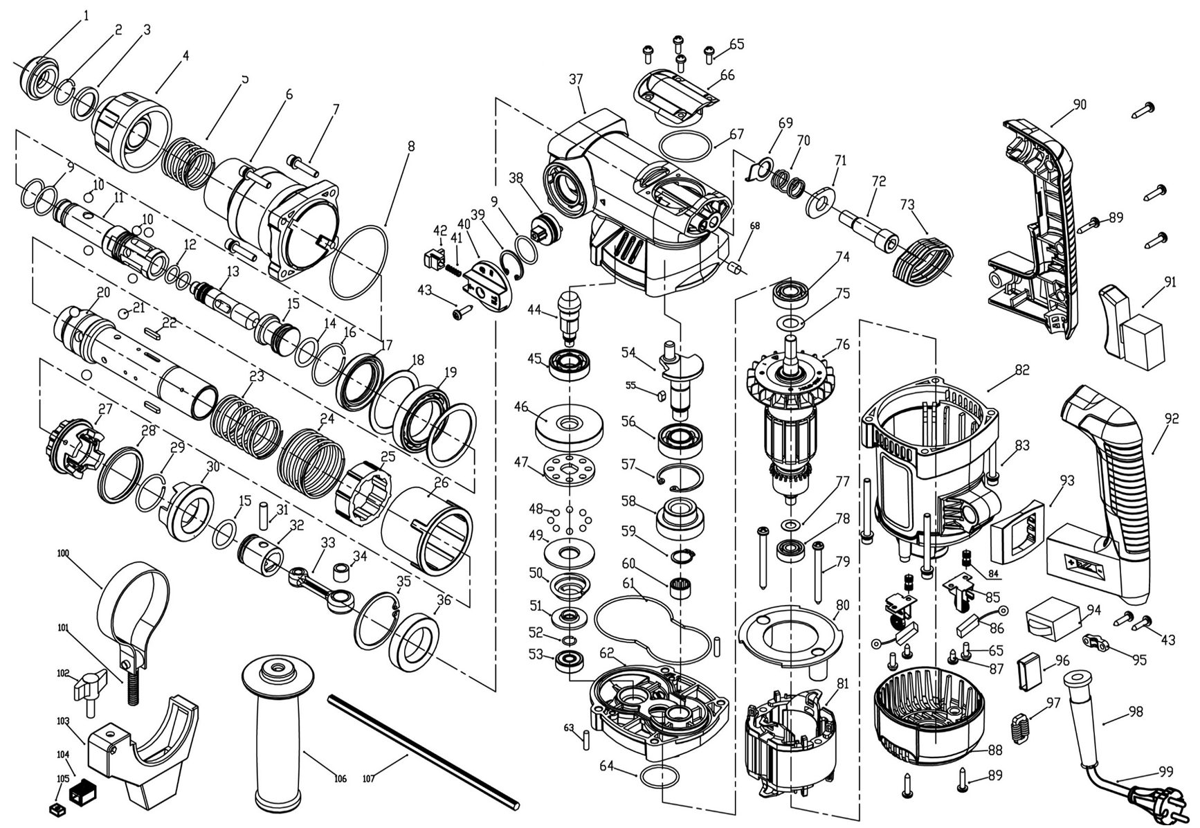 ЗУБР 32 мм, 1500 Вт, перфоратор SDS Plus, АВТ (ПВ-32-1500 ЭВ) - разборная схема